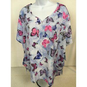 Scrub Top Women Size 2XL Light Purple with Butterflies Pockets Short Sleeves New